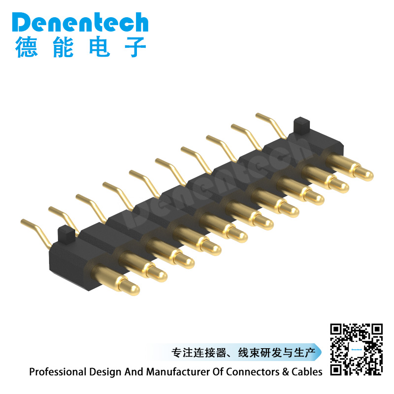 Denentech customized 3.0MM H4.0MM single row male right angle SMT pogo pin connector with peg